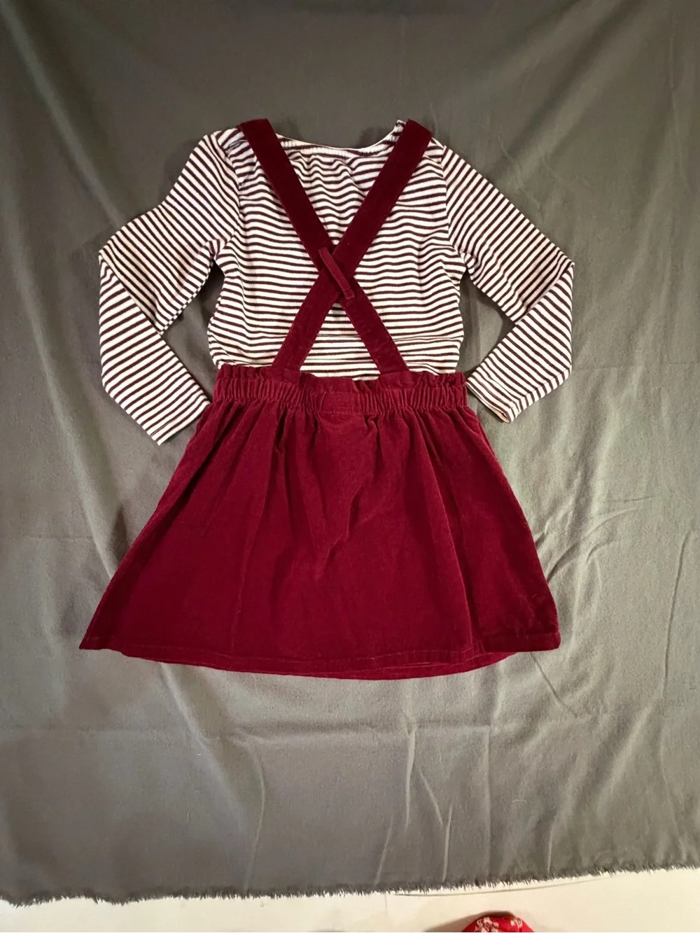 Cat n Jack Burgundy Corduroy Pinafore Dress H&M White & Burgundy Striped Top